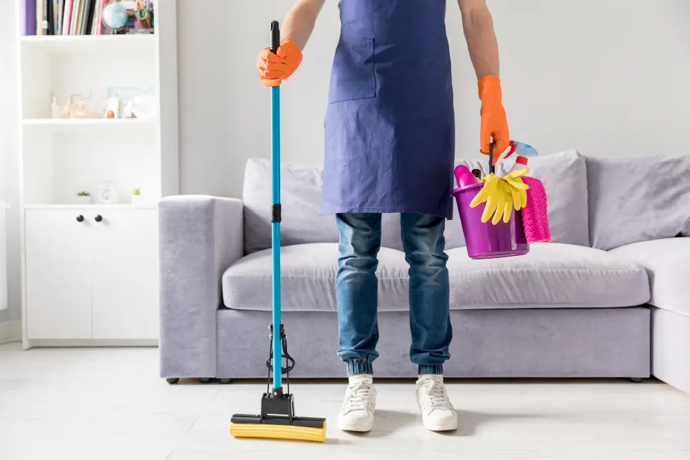 Professional cleaners delivering housekeeping services in a residential area